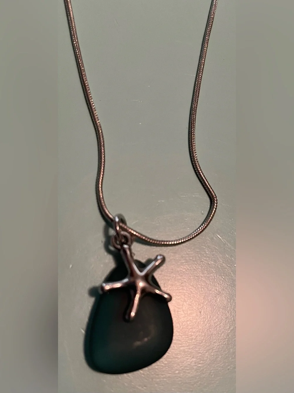 Dark Green Sea Glass Pendant Necklace and Earrings with Silver Starfish Accents